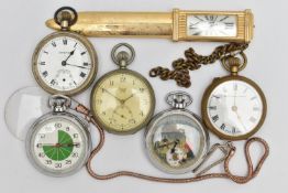 FOUR POCKET WATCHES, A STOP WATCH AND A NOVELTY CLOCK LETTER OPENER, to include a novelty manual