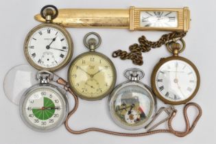 FOUR POCKET WATCHES, A STOP WATCH AND A NOVELTY CLOCK LETTER OPENER, to include a novelty manual