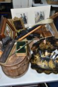 A BOX AND LOOSE TREEN, PICTURES AND SUNDRY ITEMS, to include two japanned scalloped bowls, decorated