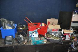 THREE BOXES OF AUTOMOTIVE AND POWER TOOLS, to include a Phaze 4 in 1 car booster, a Maplin car
