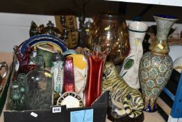 TWO BOXES AND LOOSE CERAMICS AND GLASS ETC, to include a ruby red overlaid glass vase possibly by