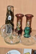 A SMALL COLLECTION OF DECORATIVE GLASS WARES, comprising a Whitefriars streaky knobbly vase in the