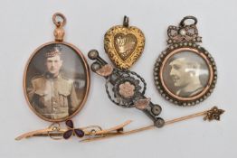 SIX PIECES OF LATE 19TH/EARLY 20TH CENTURY JEWELLERY, to include a rose metal AF leaf stick pin with