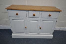 A MODERN PARTIALLY PAINTED SIDEBOARD, with three drawers, above two cupboard doors, length 123cm x