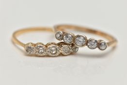 TWO GEM SET RINGS, the first a yellow metal, graduated single cut, five stone diamond ring, each