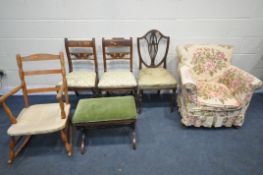A SELECTION OF PERIOD CHAIRS, to include a 20th century armchair, with floral cover, a Victorian