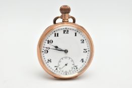 A 9CT GOLD OPEN FACE POCKET WATCH, manual wind, white dial, Arabic numerals, subsidiary seconds dial