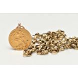 A MOUNTED FULL SOVEREIGN COIN AND BELCHER CHAIN, late Victorian full sovereign dated 1890,