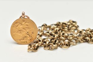 A MOUNTED FULL SOVEREIGN COIN AND BELCHER CHAIN, late Victorian full sovereign dated 1890,