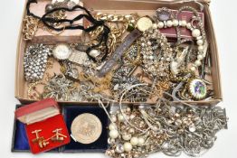 A BOX OF ASSORTED COSTUME JEWELLERY AND ITEMS, to include yellow and white metal chains, pendant