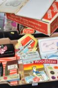 TWO BOXES OF VINTAGE ADVERTISING BOXES, TINS AND PACKAGES, to include mid-century cardboard shop