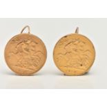 A PAIR OF MOUNTED HALF SOVEREIGN EARRINGS, two George V half sovereigns, one dated 1913 and 1915,