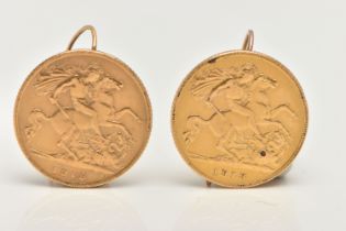 A PAIR OF MOUNTED HALF SOVEREIGN EARRINGS, two George V half sovereigns, one dated 1913 and 1915,