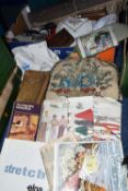 TWO BOXES OF HABERDASHERY, LINENS AND SUNDRY ITEMS, to include vintage buttons, lace, threads, pins,
