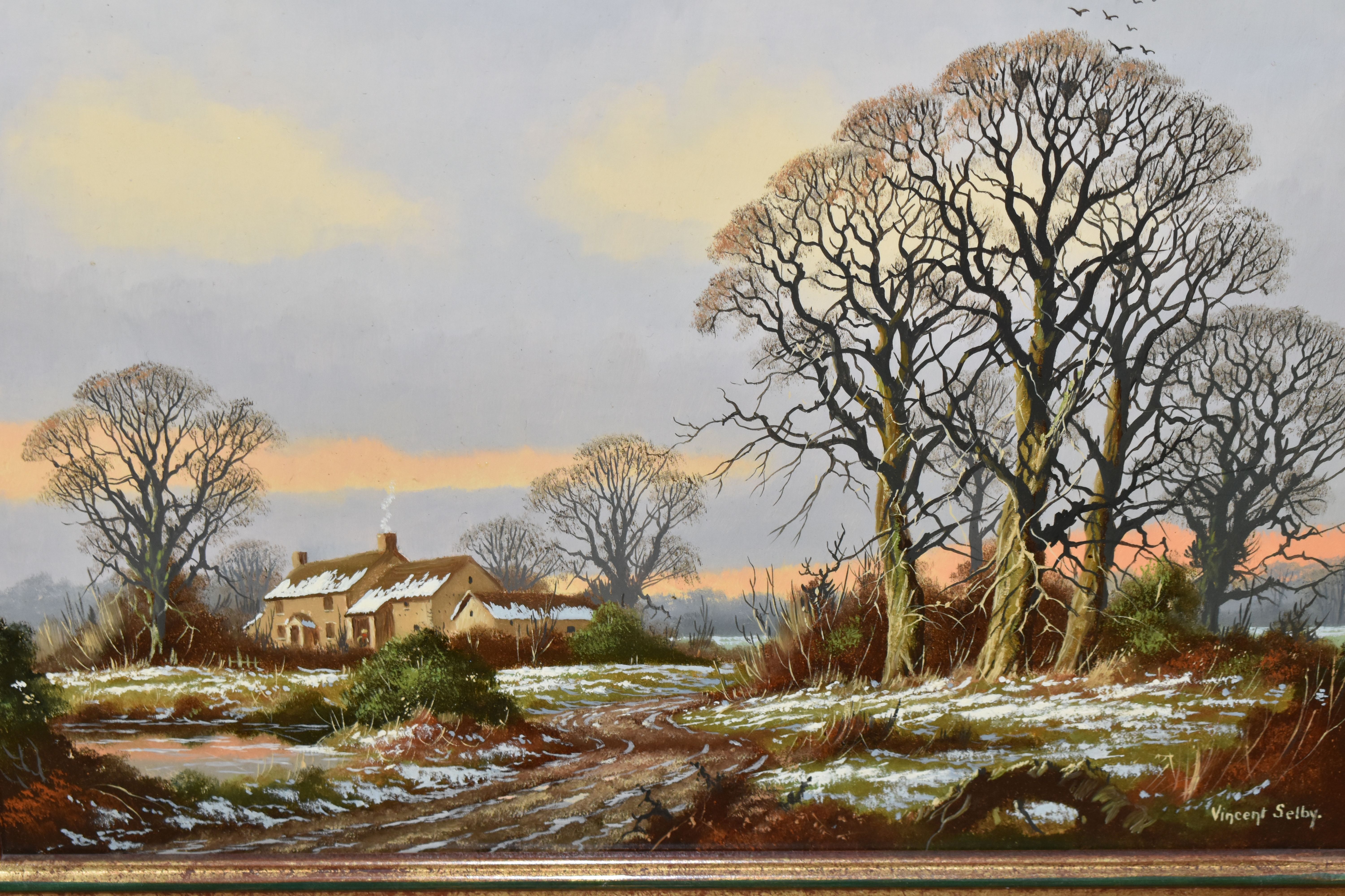 A SMALL QUANTITY OF PAINTINGS AND PRINTS, to include Vincent Selby (1919-2004) a winter landscape - Image 2 of 5