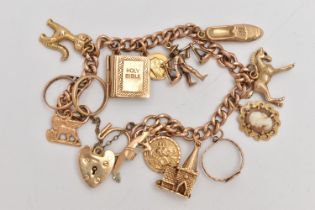 A 9CT GOLD CHARM BRACELET, curb link bracelet, each link stamped 9.375, fitted with thirteen
