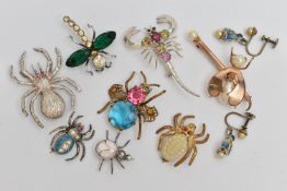 AN ASSORTMENT OF INSECT BROOCHES, a selection of eight white and base metal brooches in forms such