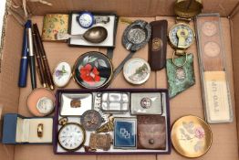 A BOX OF ASSORTED ITEMS, to include a silver and enamel wristwatch, manual wind, round white dial,