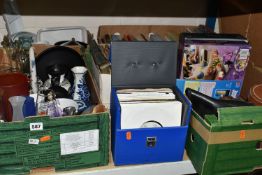 FIVE BOXES AND A CASE OF RECORDS, BOOKS, CERAMICS, GLASS AND SUNDRY ITEMS, to include a small case