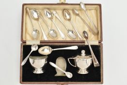 A BOXED SILVER CRUET SET, TEASPOONS AND SUGAR TONGS, box to include a salt with glass insert, and