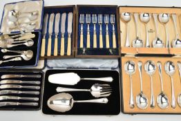 A BOX OF CUTLERY, to include a cased set of twelve 'Walker & Hall' spoons, a cased set of six EP tea