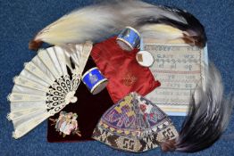 A BOX OF 19TH AND 20TH CENTURY NEEDLWORK, TEXTILES, BONE FAN AND COLLECTABLES, ETC, including a