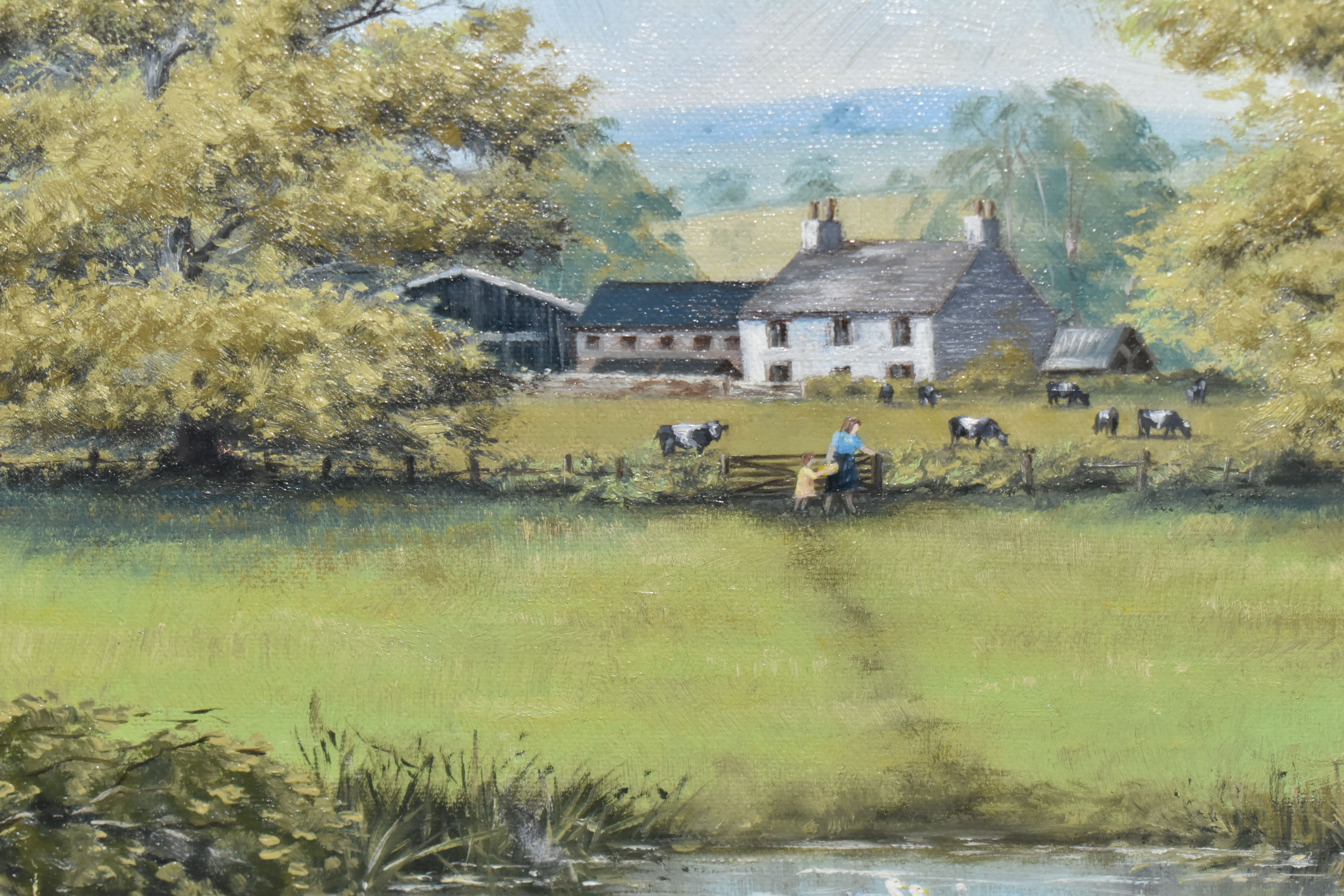 JOHN D. ROBERTS (BRITISH CONTEMPORARY) AN ENGLISH SCHOOL LANDSCAPE, having a pond with ducks to - Image 3 of 4