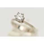 A WHITE METAL SINGLE STONE DIAMOND RING, round brilliant cut diamond in a six claw setting,