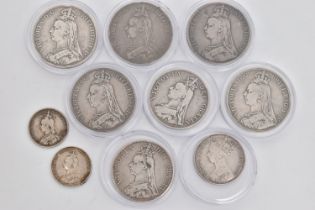 FOUR VICTORIA 1889 CROWNS, 1891 CROWN, 1889, 1890 Double Florins, 1886 Florin, two Victoria