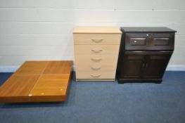 A LOW SQUARE HARDWOOD COFFEE TABLE, 100cm squared x height 29cm, a modern chest of five drawers