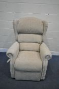 A REPOSE BEIGE FLORAL UPHOLSTERED RISE AND RECLINE ARMCHAIR (condition report: in need of a clean