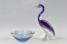 TWO PIECES OF ART GLASS, comprising a Murano-style pink, blue and clear glass bird, rough pontil