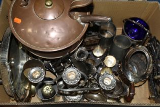 A BOX OF SILVER PLATE AND OTHER METALWARE, including a pair of white metal pin dishes embossed