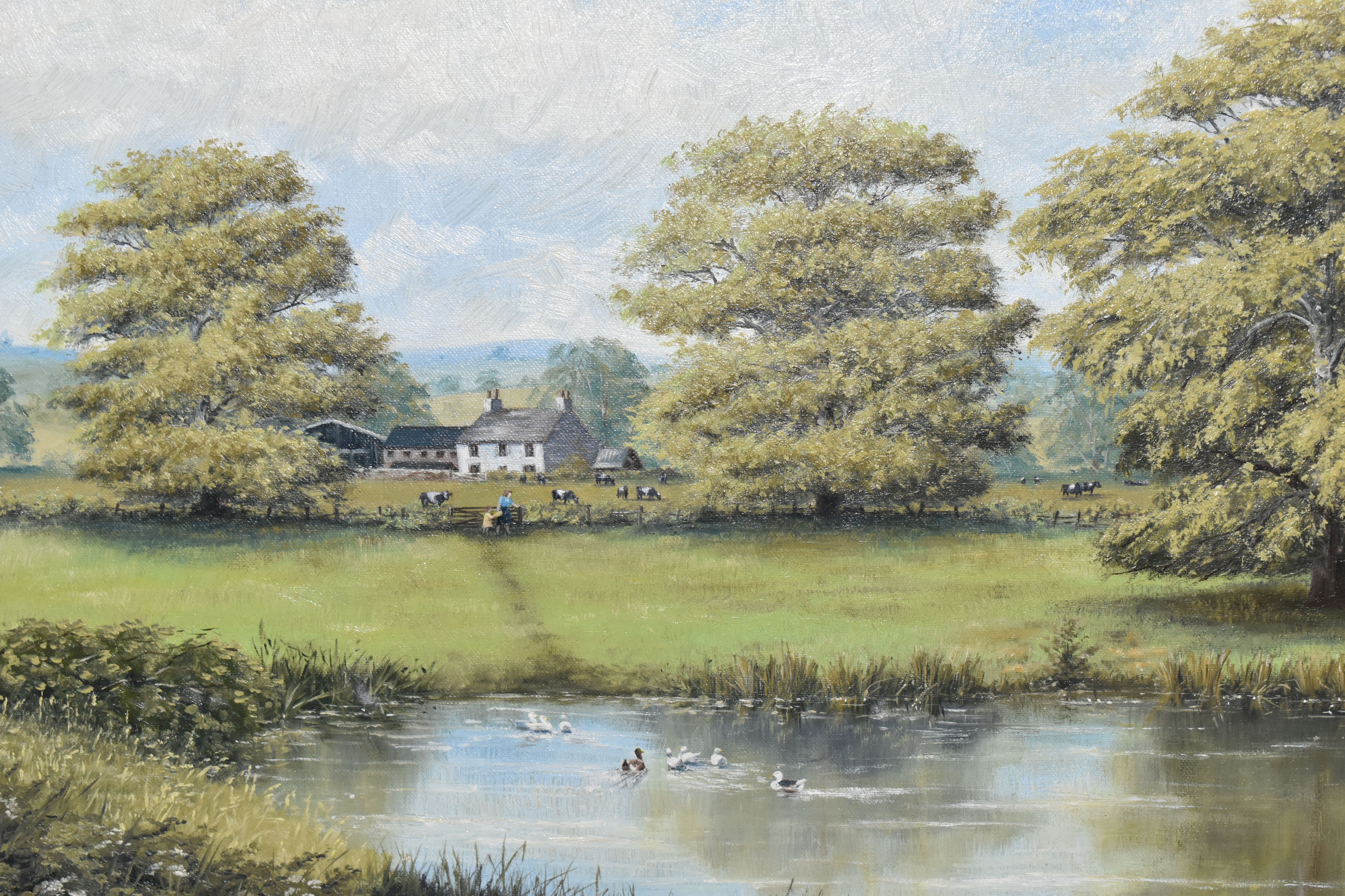 JOHN D. ROBERTS (BRITISH CONTEMPORARY) AN ENGLISH SCHOOL LANDSCAPE, having a pond with ducks to - Image 2 of 4