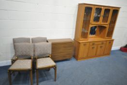 A MODERN DROP LEAF TABLE, with four chairs, and a wall unit, top section with four glazed doors,