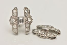 A PAIR OF WHITE METAL DIAMOND EARRINGS, AF conversion piece, art deco style, each set with a central