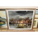 A SMALL QUANTITY OF PAINTINGS AND PRINTS, comprising a late 20th century oil on board depicting