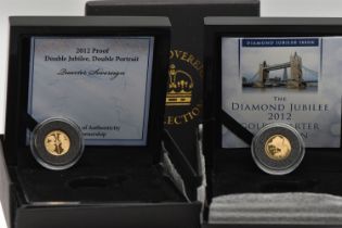 A PAIR OF GOLD QUARTER SOVEREIGN COINS, to include a 2012 Double Jubilee, Double Portrait Quarter