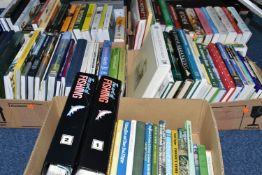 FIVE BOXES OF BOOKS containing approximately ninety titles in hardback and paperback formats on