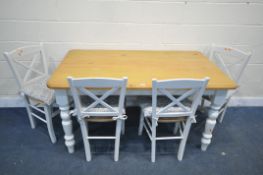 A MODERN PARTIALLY PAINTED PINE RECTANGULAR KITCHEN TABLE, length 153cm x depth 92cm x height