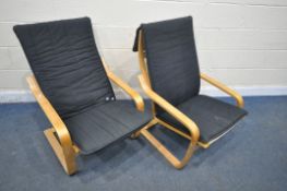 A PAIR OF IKEA POANG BEECH FRAMED CHAIRS (condition report: upholstery in need of a clean, frame