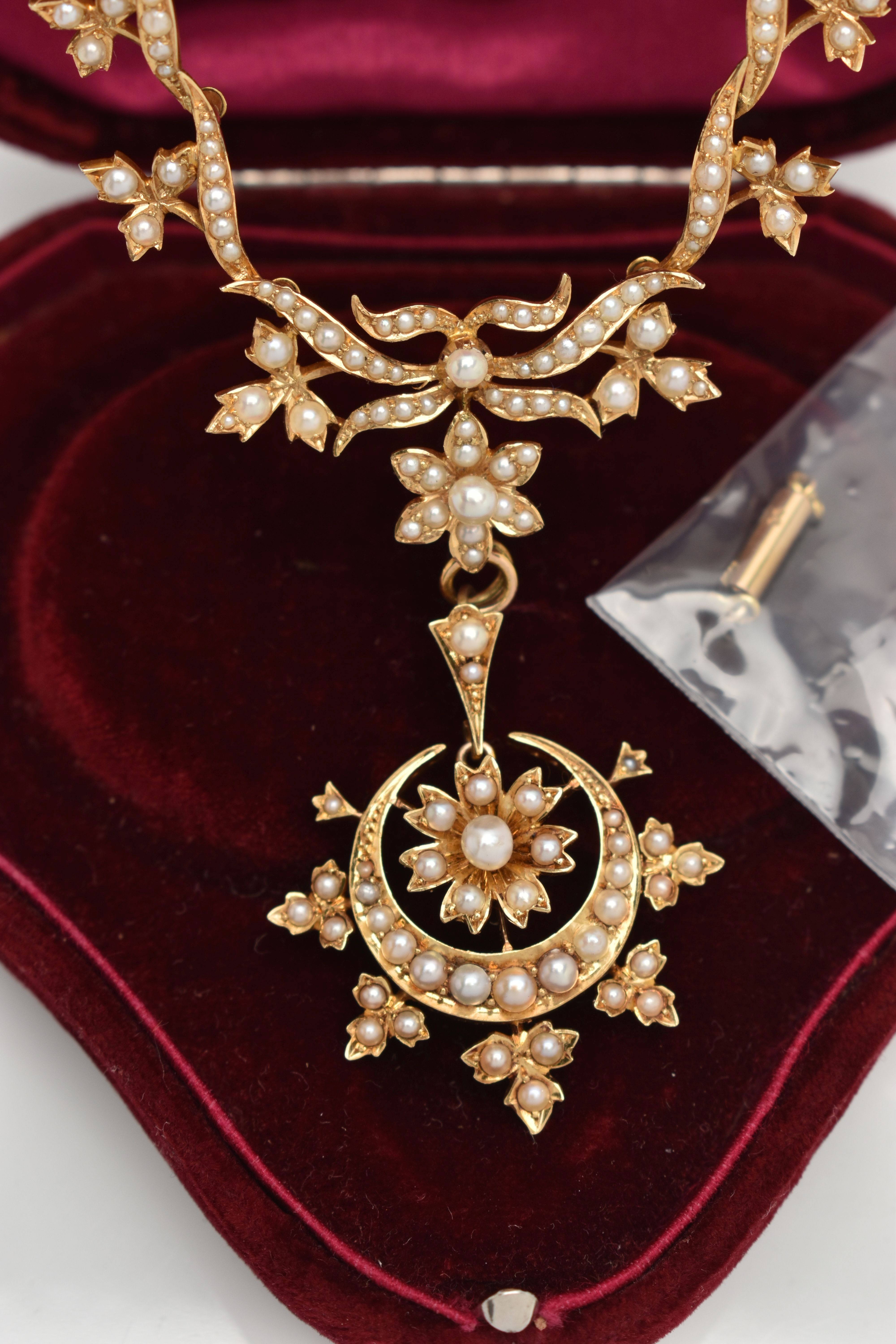 AN EARLY 20TH CENTURY GOLD AND SEED PEARL NECKLACE, a central floral piece leading on to branches - Image 2 of 6