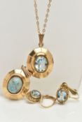 TWO 9CT GOLD GEM SET PENDANTS AND A PAIR OF EARRINGS, the first pendant set with an oval cut