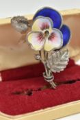 A PANSY BROOCH, white metal Pansy brooch with blue, pink and yellow ceramic detail, set with a