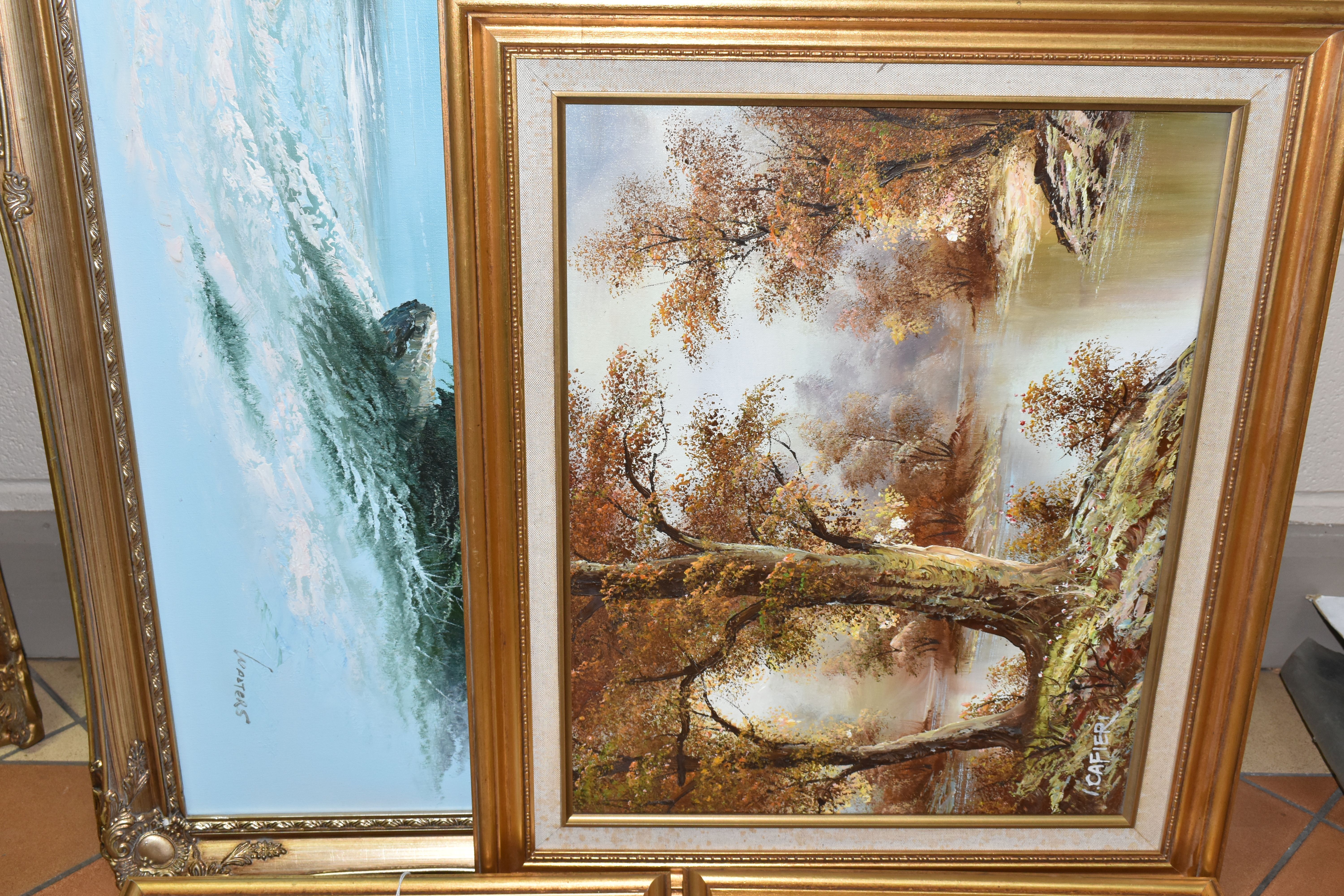 SEVEN LATE 20TH CENTURY LANDSCAPE PAINTINGS, comprising two river landscapes signed C. Innes, oils - Image 3 of 5