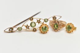 A SMALL ASSORTMENT OF PERIDOT SET JEWELLERY, to include a 9ct gold ring set with an oval cut
