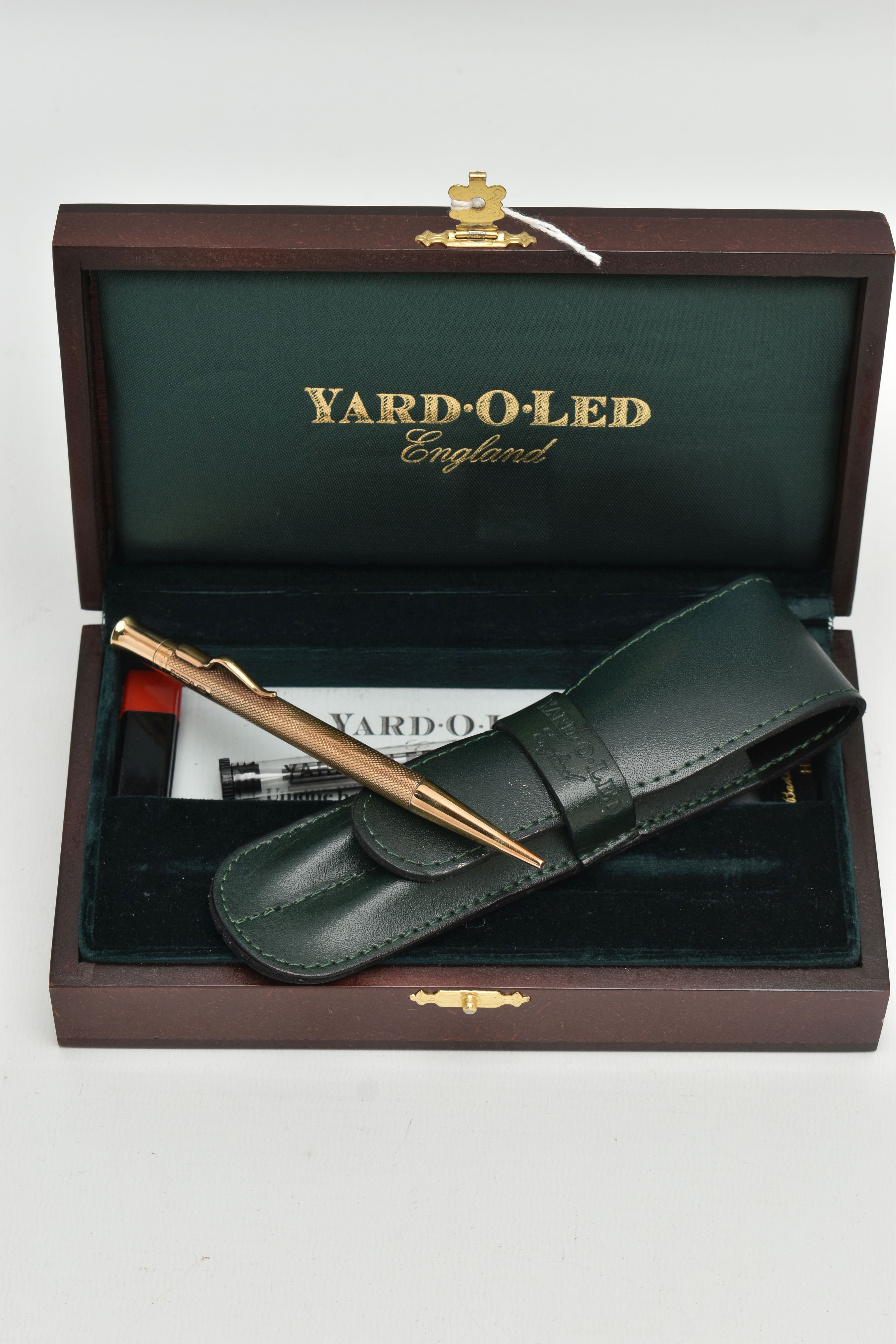 A BOXED 9CT GOLD 'YARD-O-LED' PROPELLING PENCIL, engine turned pattern, personal engraving reads ' - Image 2 of 5