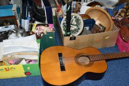 FOUR BOXES AND LOOSE GUITAR, NEEDLECRAFT ITEMS, TREEN AND SUNDRIES, to include a 3/4 size Terada