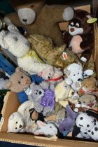 A BOX OF SOFT TOYS, to include a vintage disc jointed teddy bear, non-jointed teddy bear, Bananas