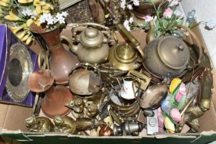 A BOX AND LOOSE METAL WARES, to include two copper and brass jugs, a copper planter with embossed